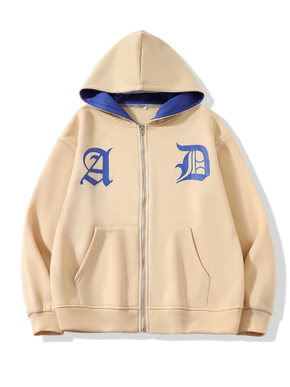 Embroidered Letter Zip Hoodie