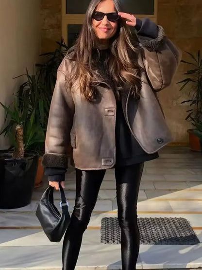 Faux Leather Fleece Jacket