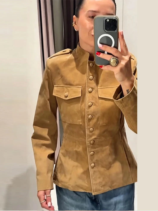 Slim Waist Faux Suede Single-Breasted Jacket