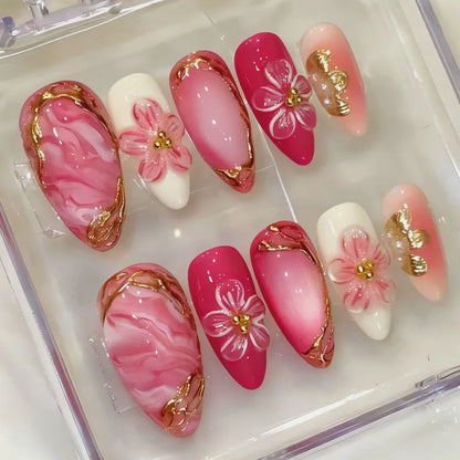 3D Flower Almond Press-On Nails