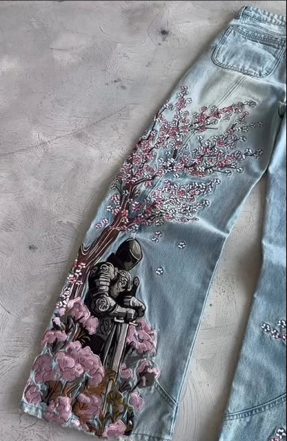 Embroidery Cargo Jeans