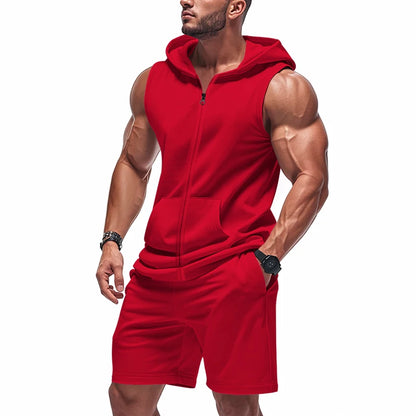 Sleeveless Zipper Hoodie Shorts Set
