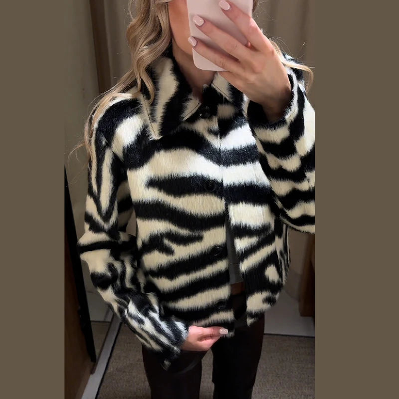 Zebra Print Faux Fur Jacket