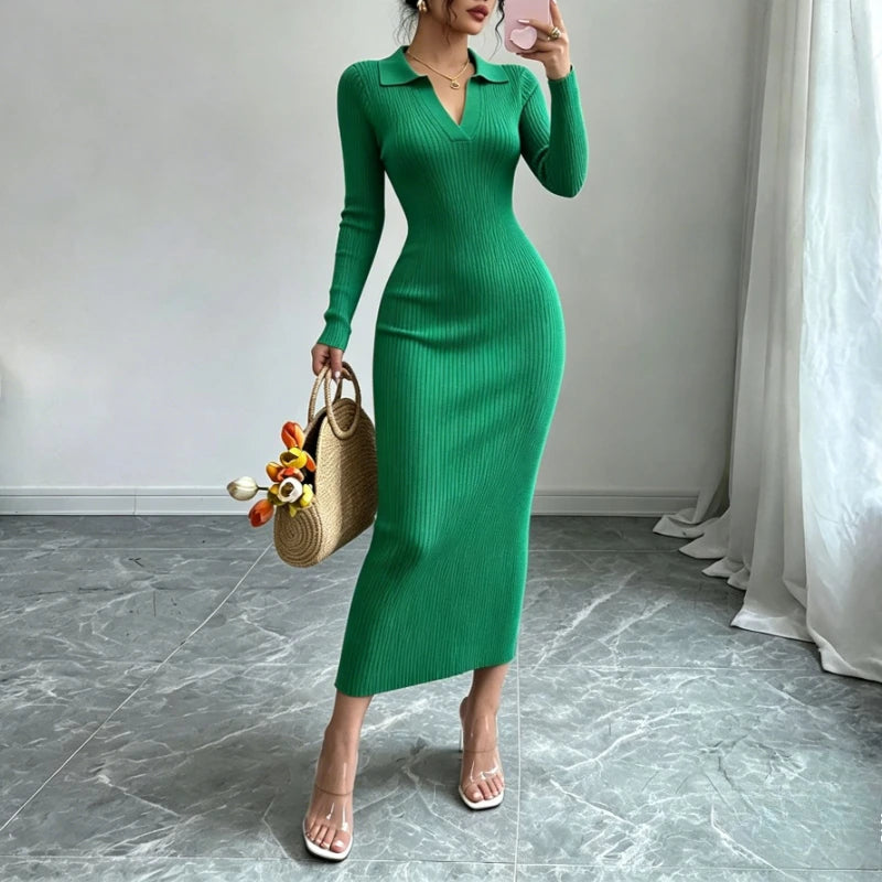 Ribbed Knit Long Sleeve Sweater Dress