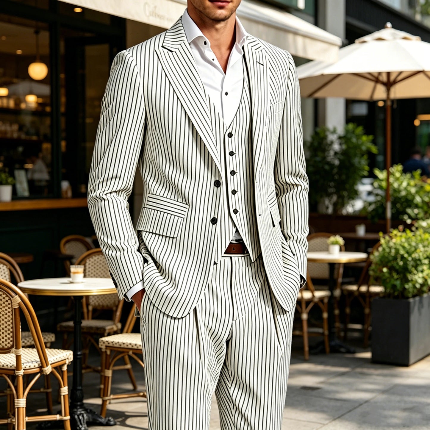 Pinstripe Notched Lapel Slim Suit