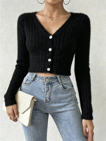 Fuzzy V-Neck Knit Cardigan
