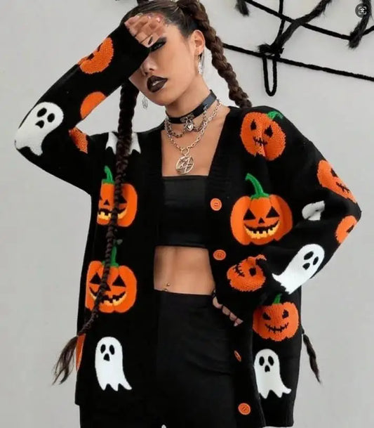 Pumpkin Pattern V-Neck Knit Cardigan