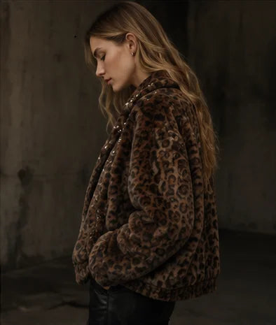 Leopard Print Faux Fur Zip Jacket
