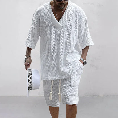 Knitted V-Neck T-Shirt Shorts Set