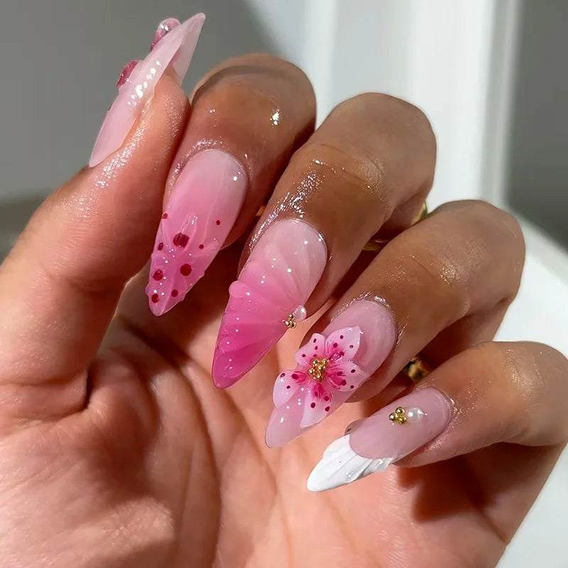 3D Flower Almond Press-On Nails