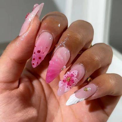 3D Flower Almond Press-On Nails