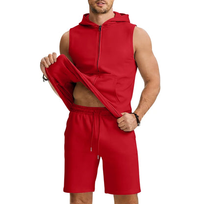 Sleeveless Zipper Hoodie Shorts Set