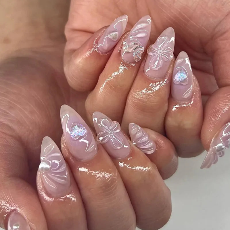 3D Flower Almond Press-On Nails