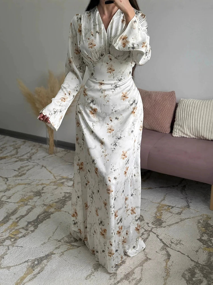 Floral Satin V-Neck Long Dress