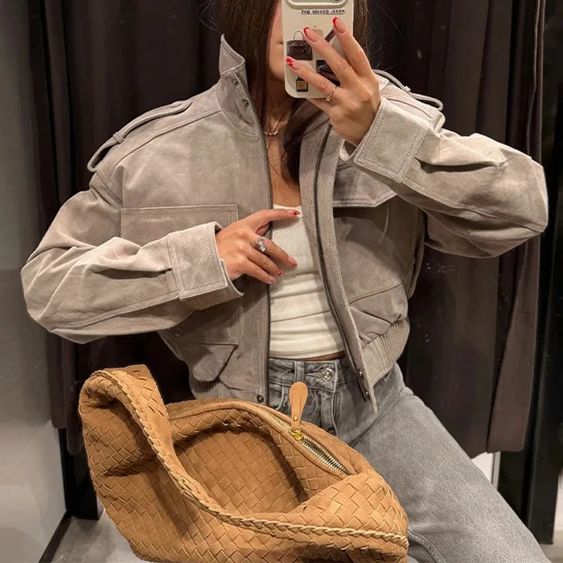 Faux Suede Cargo Jacket