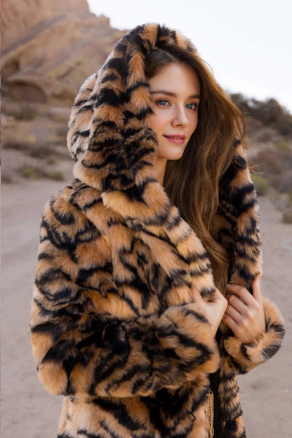 Tiger Stripe Hooded Faux Fur Coat