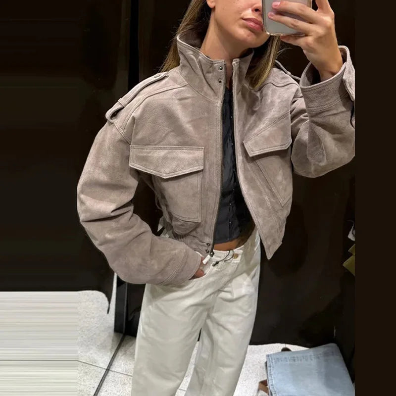 Faux Suede Cargo Jacket