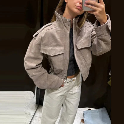 Faux Suede Cargo Jacket
