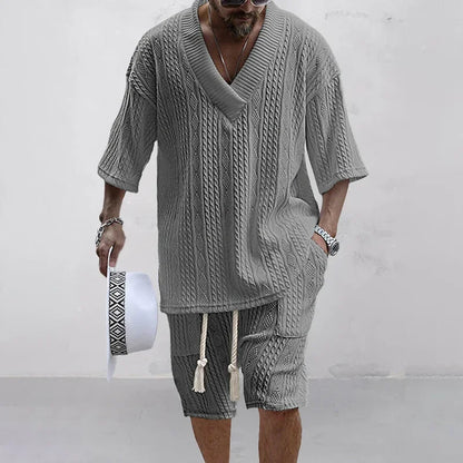 Knitted V-Neck T-Shirt Shorts Set