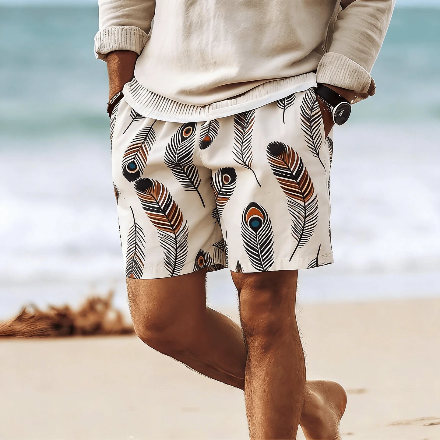 Rhombus Embroidery Drawstring Beach Shorts