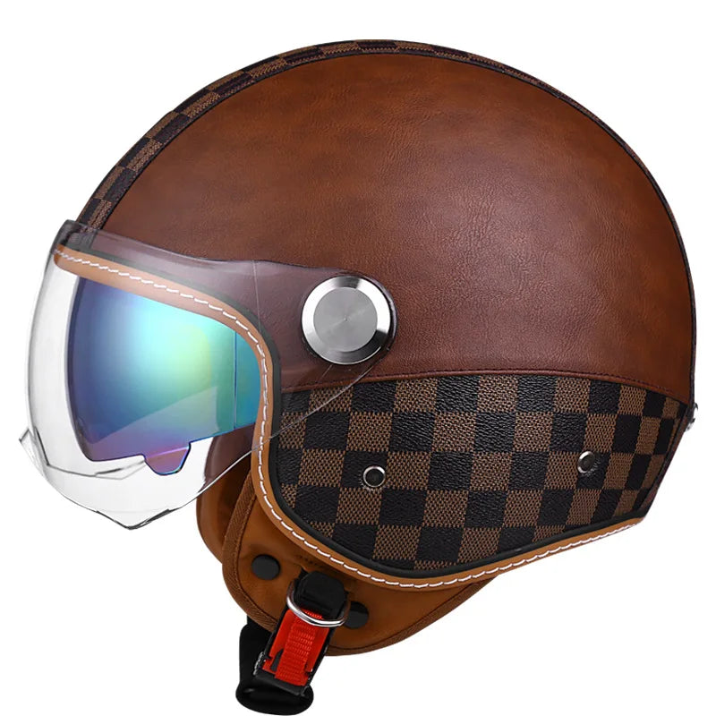 Brown Leather-Look 3/4 Jet Helmet