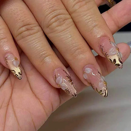 3D Flower Almond Press-On Nails