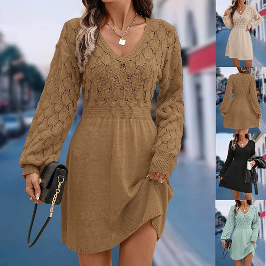 Crochet V-Neck Knit Sweater Dress