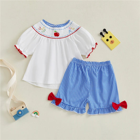 Baby Girl Summer Outfit Set – Apple Embroidery Top & Plaid Shorts