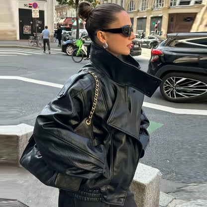 Cropped Faux Leather Bomber Jacket