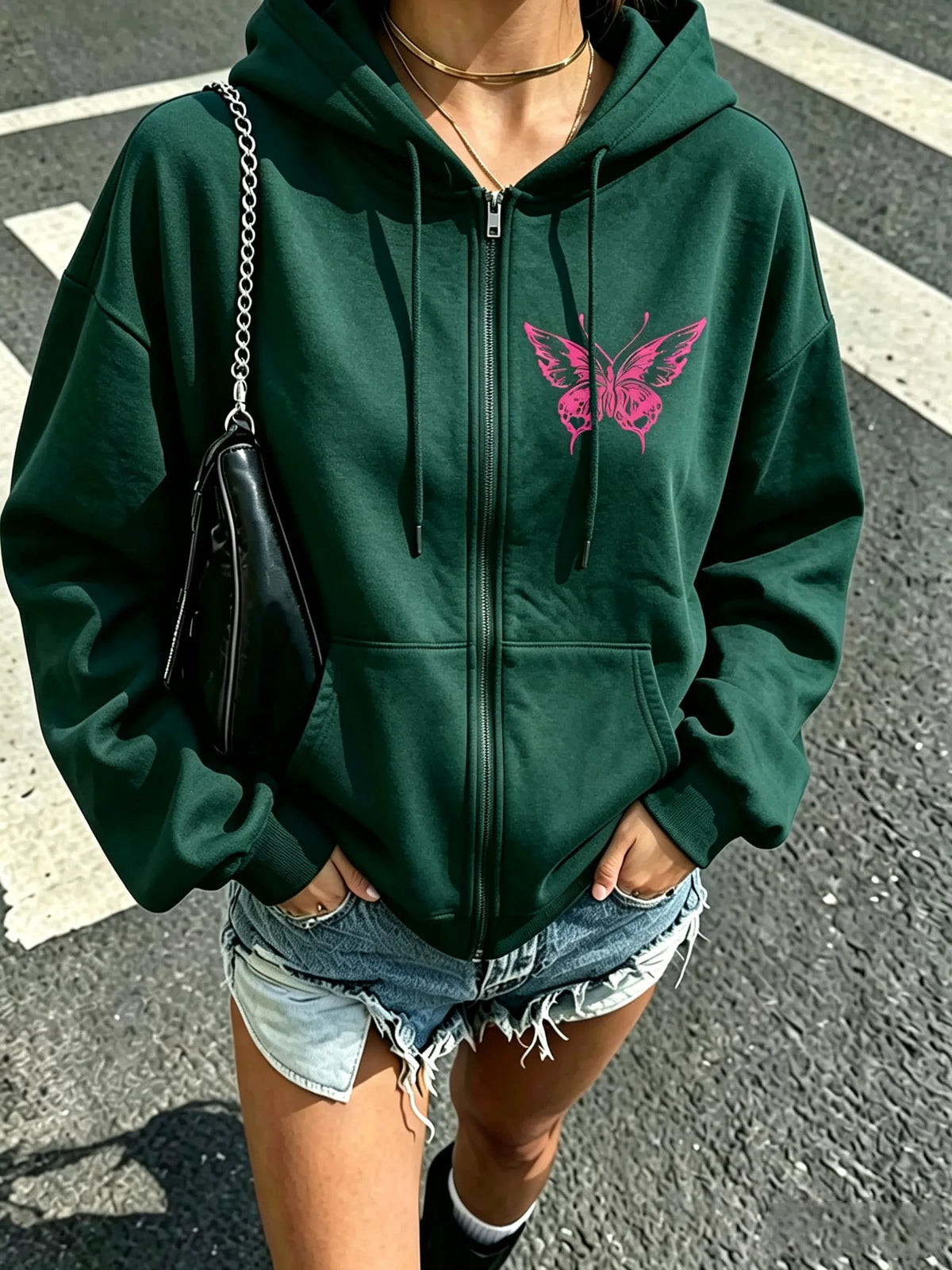 Butterfly Drawstring Zip Hoodie