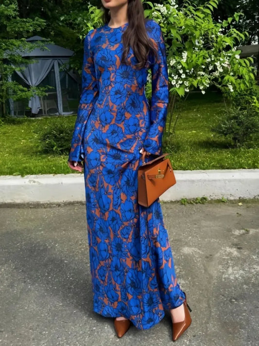 Printed Round-Neck Long Sleeve Dress