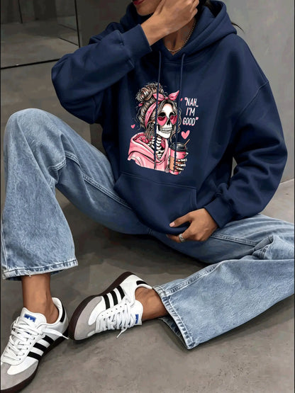 Skull Print Pocket Hoodie