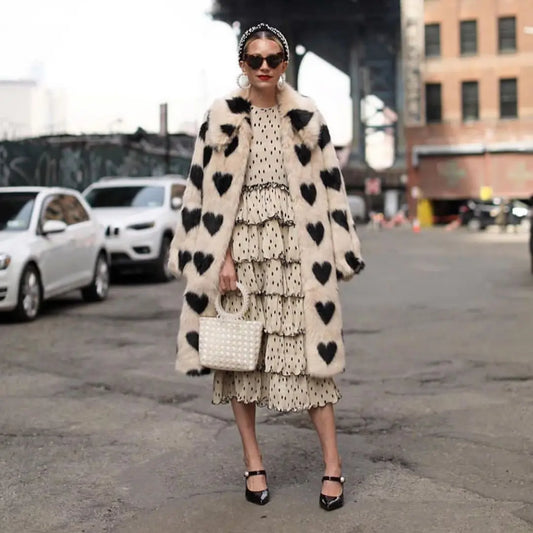 Heart Print Fur Coat