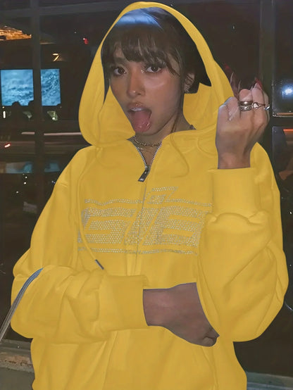 Rhinestone Letter Zip Hoodie