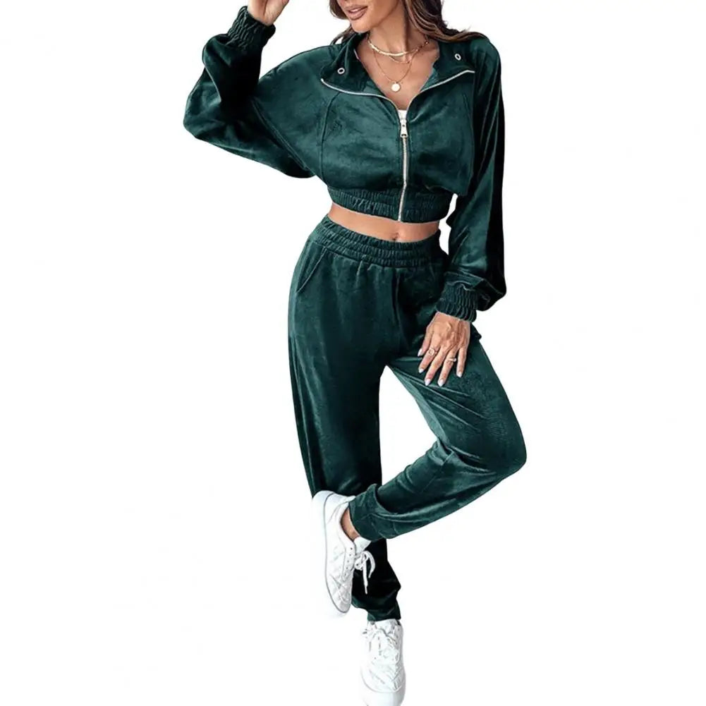 Women Velvet Two-Piece Tracksuit Set