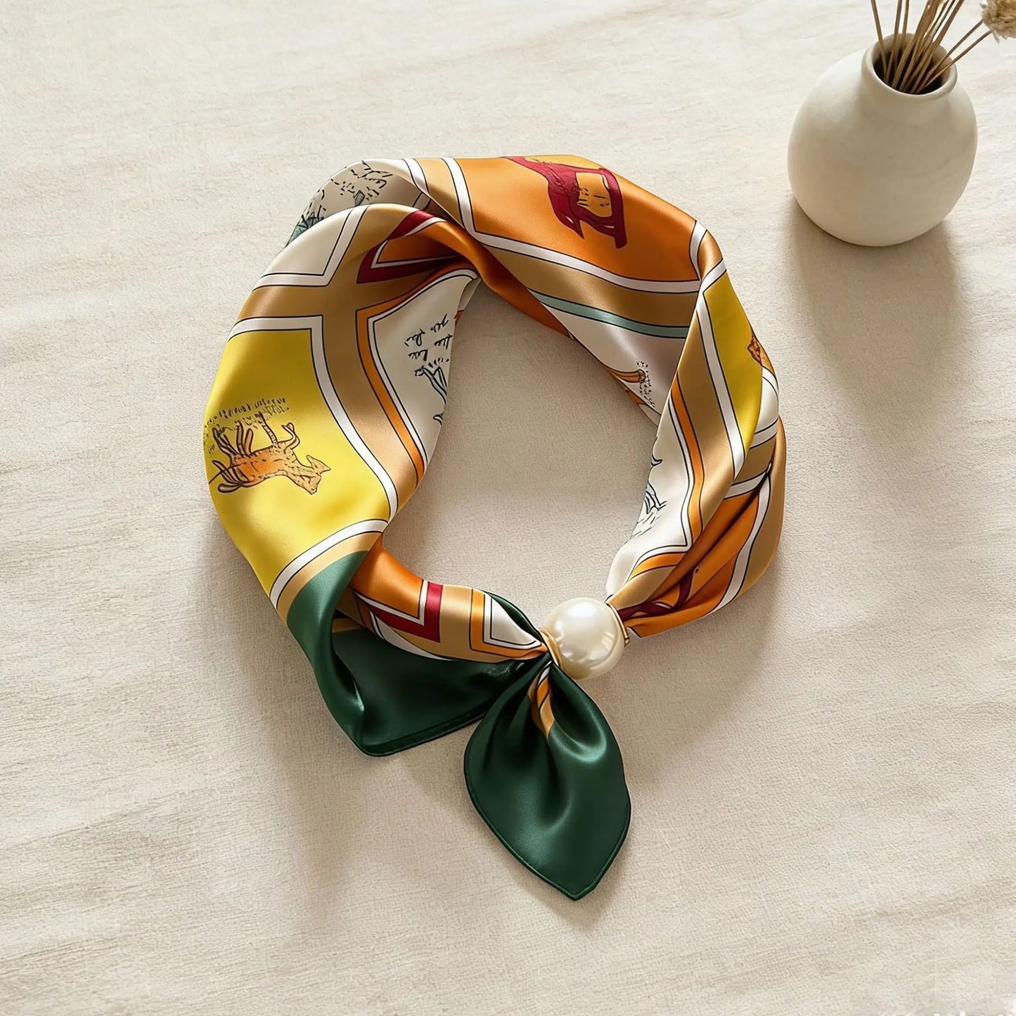 Print Scarf Silk Pearl Buckle