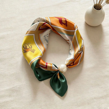 Print Scarf Silk Pearl Buckle