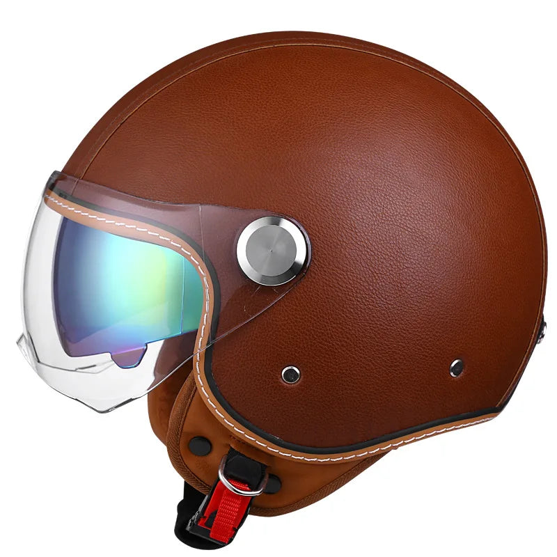 Brown Leather-Look 3/4 Jet Helmet