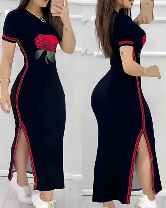 Rose Print Side Slit Dress