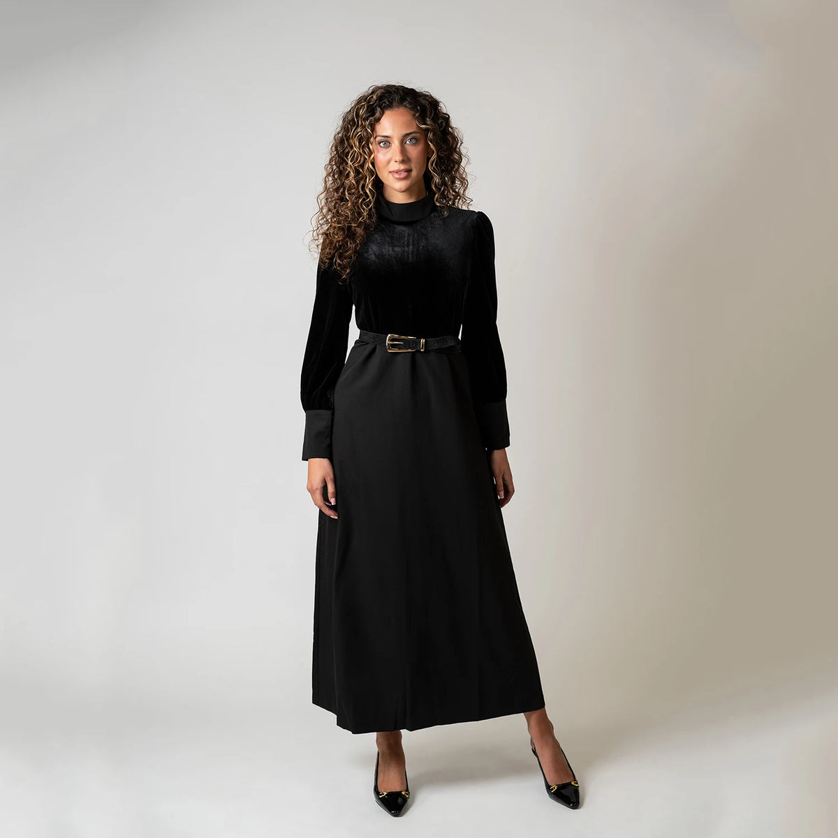Velvet Patchwork Turtleneck Maxi Dress