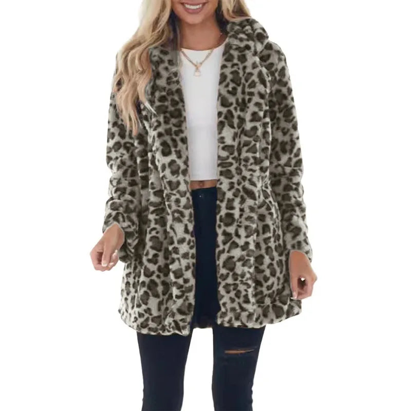 Open-Front Leopard Faux Fur Coat