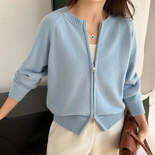 Cotton Crew Neck Zip Knit Cardigan