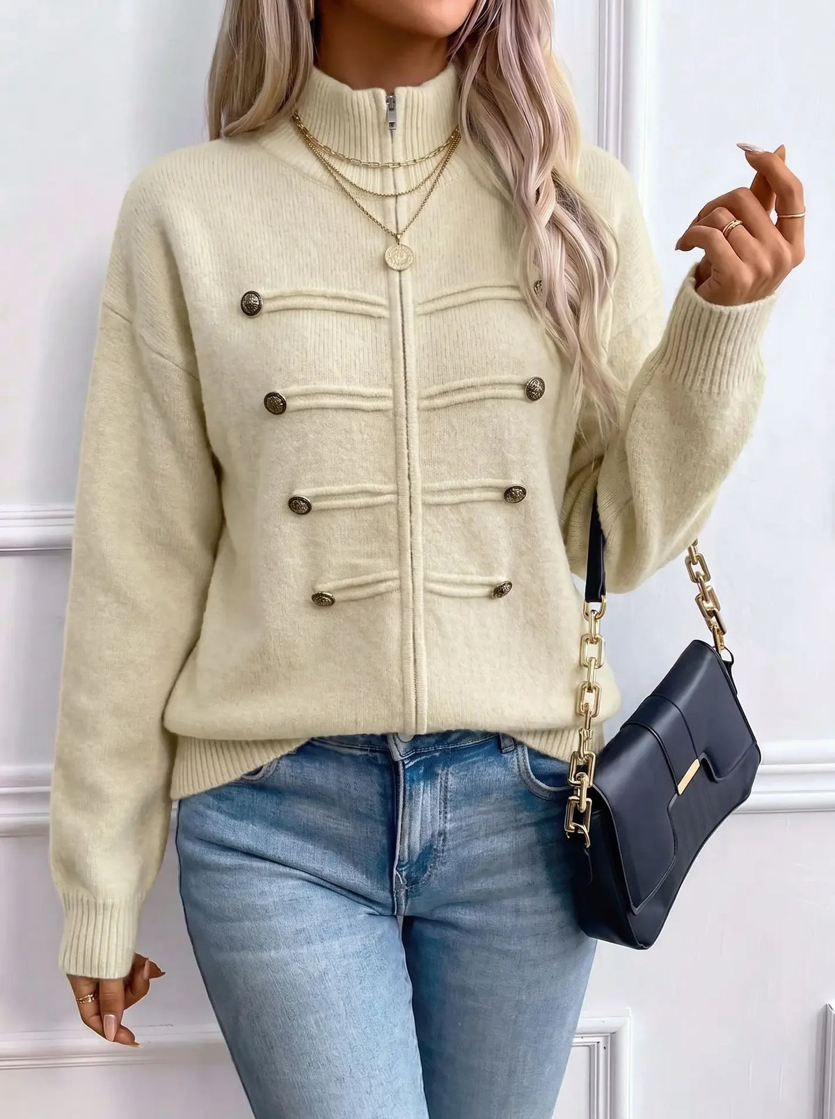 Stand Collar Zip Knit Cardigan