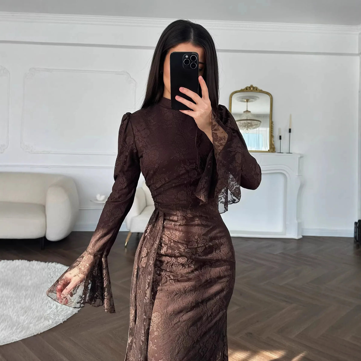 Lace Fitted Bell Sleeve Ankle-Length Dress