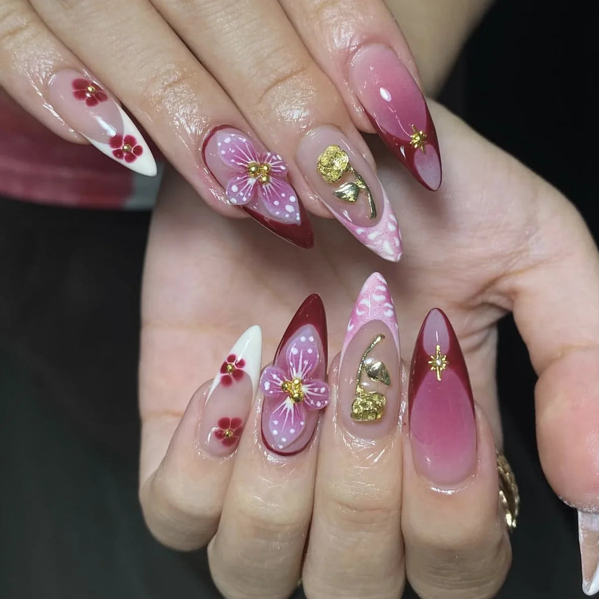3D Flower Almond Press-On Nails