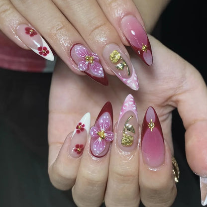 3D Flower Almond Press-On Nails