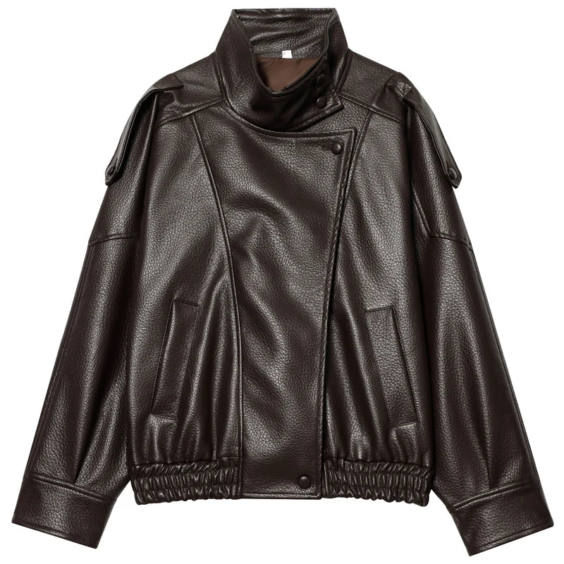 Cropped Faux Leather Bomber Jacket
