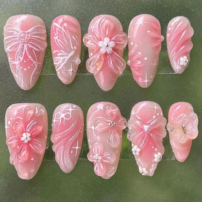 3D Flower Almond Press-On Nails