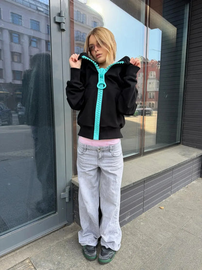 Cropped Contrast Zip Hoodie