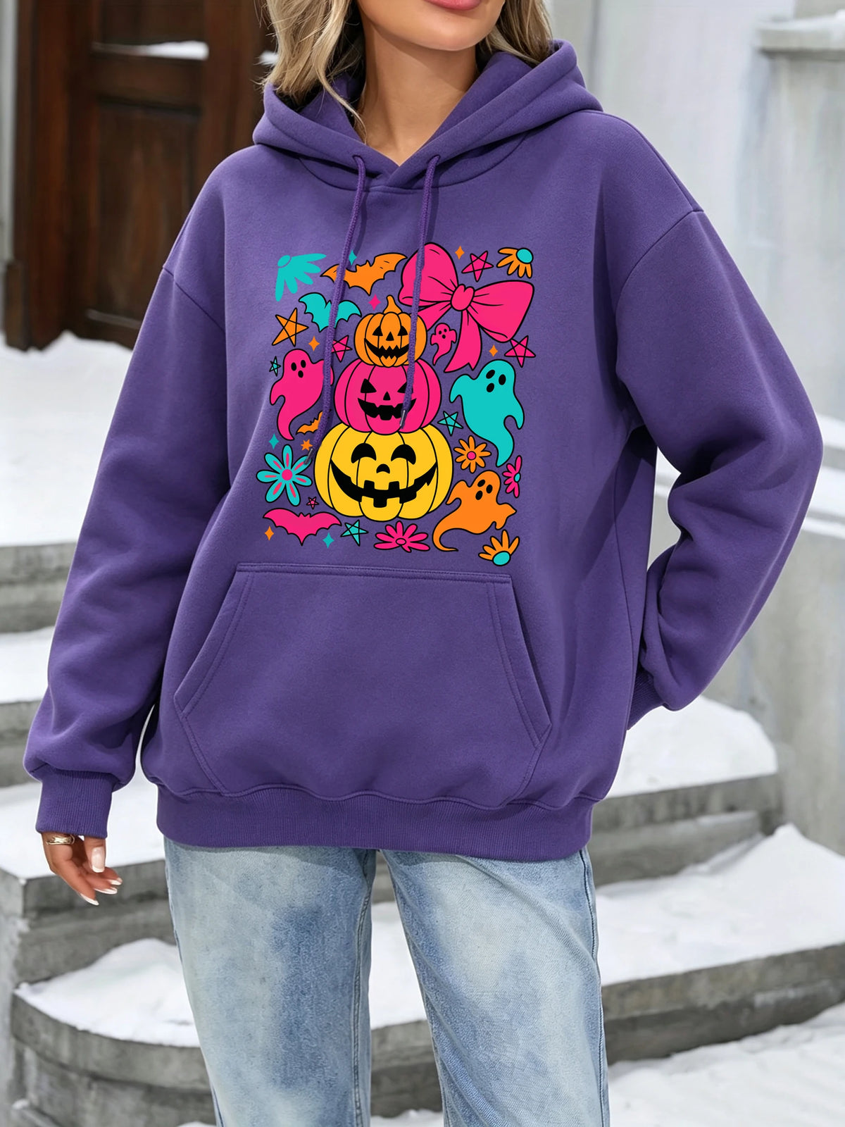 Pumpkin Bow Print Fleece Hoodie